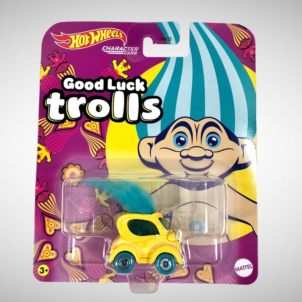 Hot Wheels x Trolls Characters Cars Good Luck Trolls Yellow Car Blue Hair!